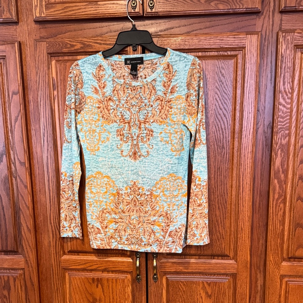INC Ornate Blue and Orange Long Sleeve Top